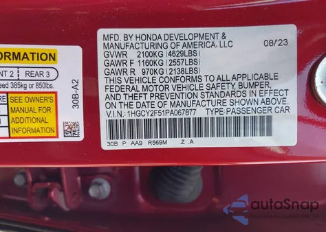 2023 Honda Accord Hybrid Sport from USA, damaged, VIN 1HGCY2F51PA067877